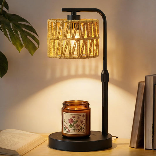 Candle Warmer Lamp, Timer Dimmable Candle Lamp, Adjustable Height and Brightness Candle Warmer, Boho Rattan Lampshade and 2 Bulbs, Suitable for Home Decor, Birthday Gifts for Women Mom (Black)