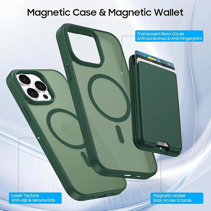 Ntwinro Magnetic for iPhone 13 Pro Case (Compatible with MagSafe) with Detachable Wallet & Card Holder for 3 Cards [RFID Blocking] Military Grade Protective Slim Phone Cover, Green