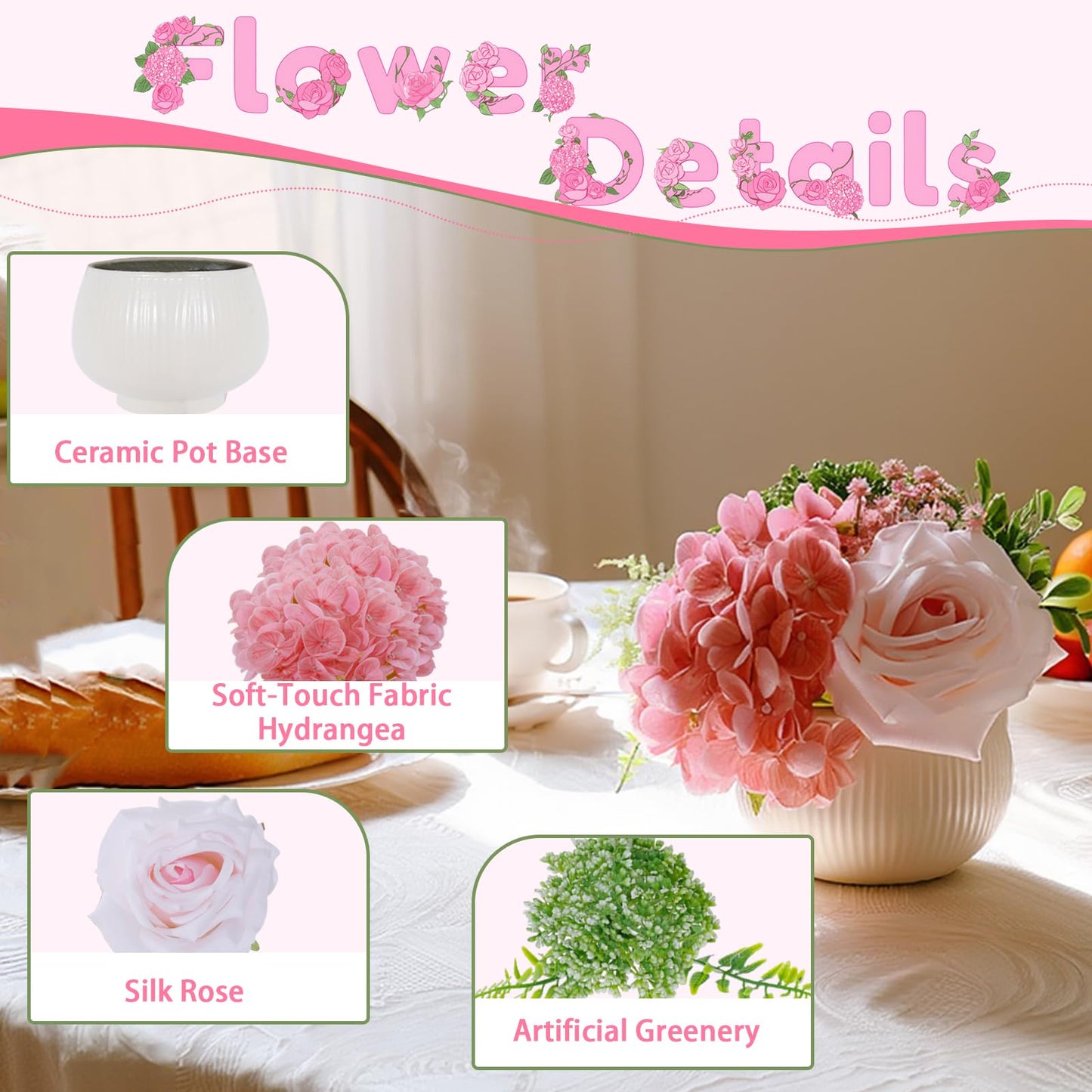 ucky Artificial Flowers with Ceramic Vase, Faux Pink Hydrangea and Light Pink Silk Roses Floral Arrangement, Small Potted Centerpiece for Dining Table, Farmhouse Kitchen Home Office Decor & Gift