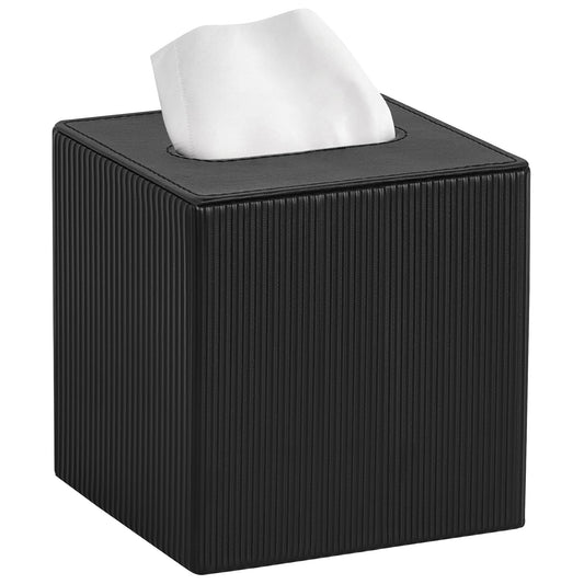 Mkono Tissue Box Cover PU Leather Square Tissue Box Holder with Bottom, Decorative Facial Cube Organizer for Bedroom Bathroom Dresser Vanity Countertop Night Stands Home Office Desk (Black)