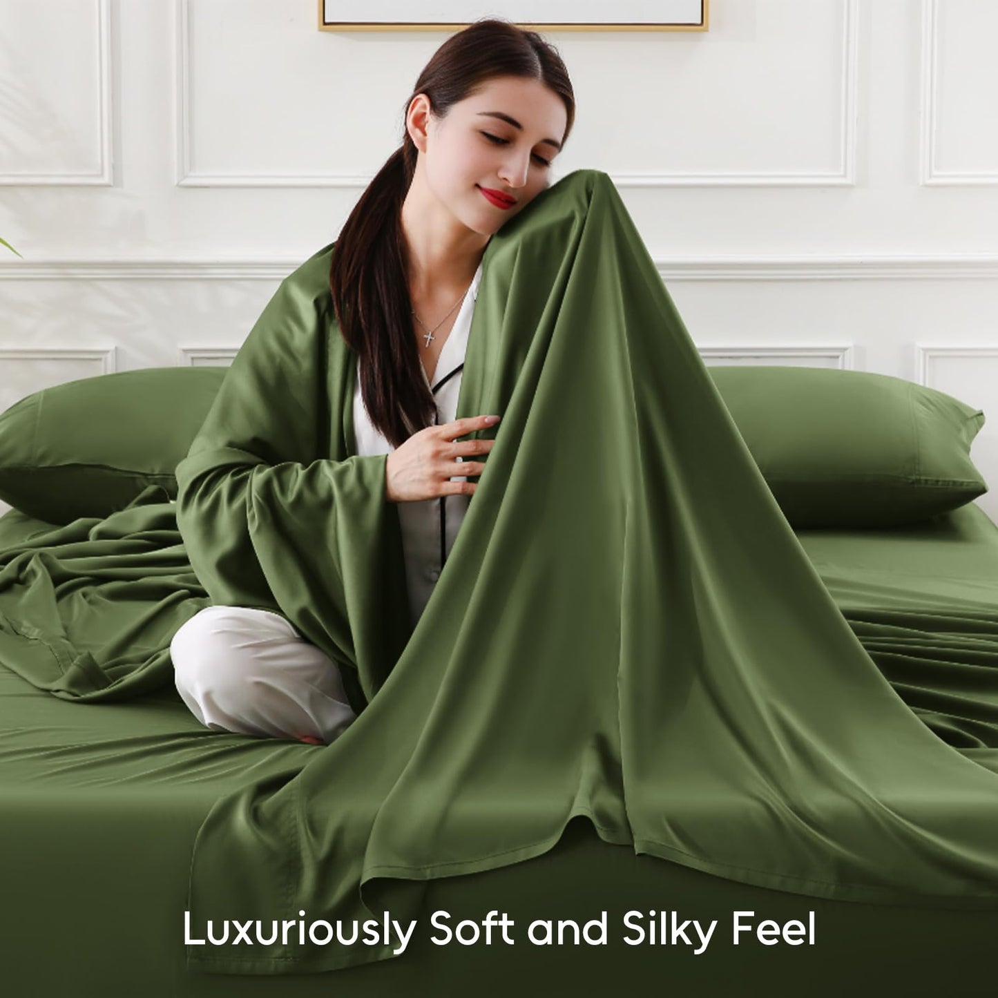 Swiftify 100% Organic Viscose Derived from Bamboo, 4-Piece Queen Bed Sheet Set, Ultra Soft & Luxuriously Cooling Sheets, Deep Pocket Fits 16" Mattress, Perfect for Hot Sleepers, Forest Green