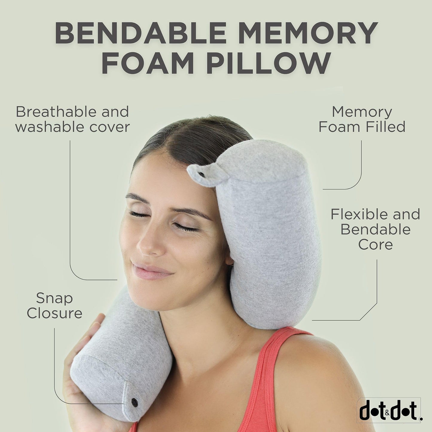 Dot&Dot Twist Memory Foam Travel Pillow, Bendable Neck Pillow for Airplane, Car and Home, 26-Inch Adjustable Roll with Washable Cotton Cover