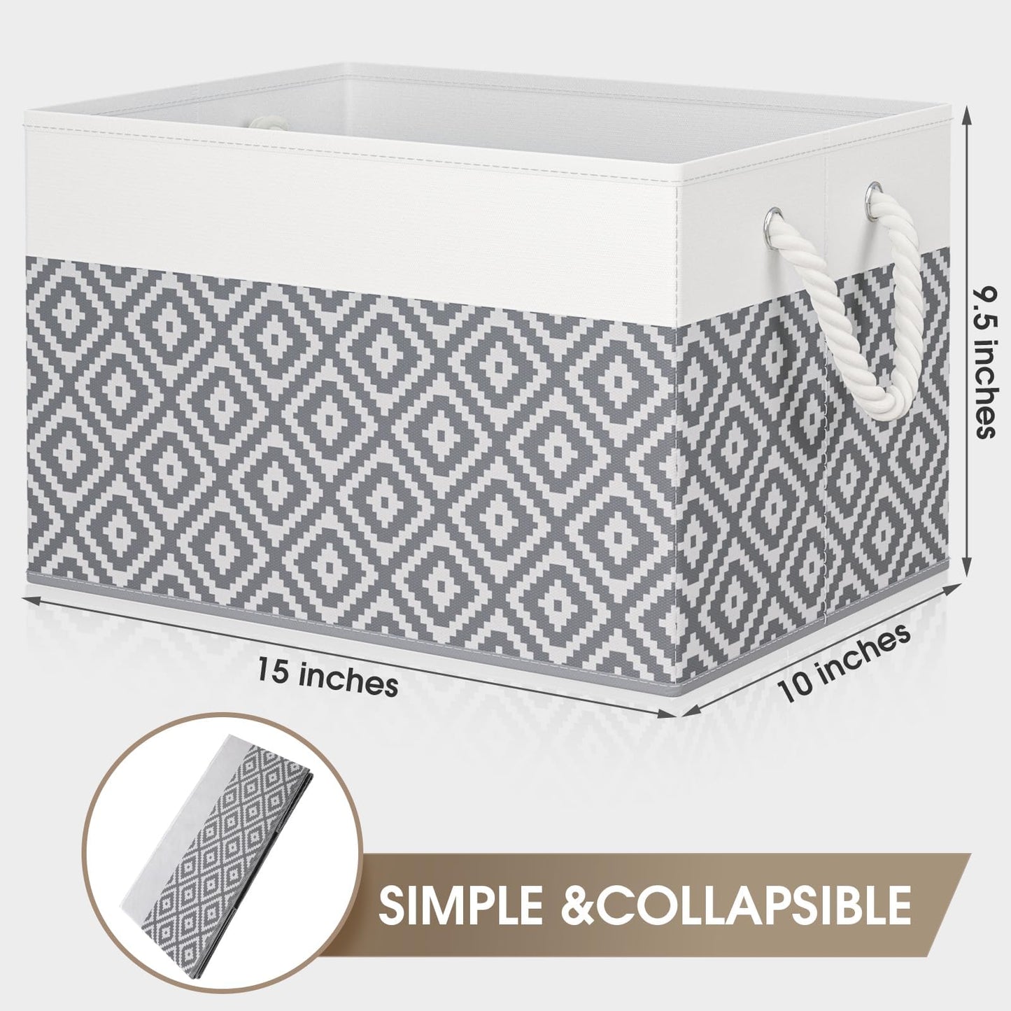 StorageTastic Storage Bins, 3-Pack Large Storage Box with Rope Handles, Collapsible Storage Basket for Organizing Books, Clothes, Rhombic Grey