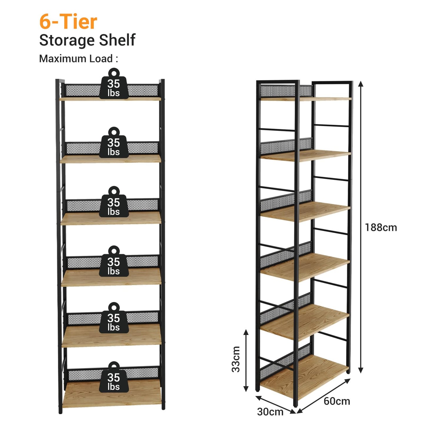 6 Tier Bookshelf，Tall Narrow Bookcase with Metal Guard Panels, Industrial Wood and Metal Display Shelf, Freestanding Storage Rack for Bedroom, Living Room, Home Office，Matte Black， Rustic Brown