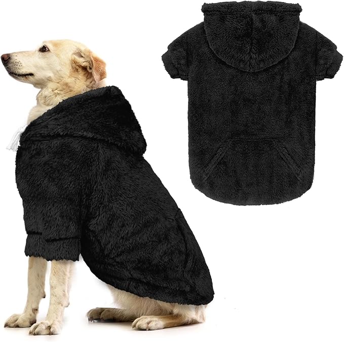 Dog Sweater,Dog Hoodies,Warm Fuzzy Fleece Sweatshirt with Hood & Pocket,Leash Hole,Cozy Cold Weather Pet Clothes Pet Sweater for Medium Large Dogs(Black,XL)