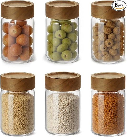 Zoaiirte 6pc 8oz Glass Mason Jars with Acacia Wood Airtight Lids - Food Storage Container Set, Clear Stackable Leakproof Kitchen Canisters for Meal Prep/Snack Organization/Spice Storage