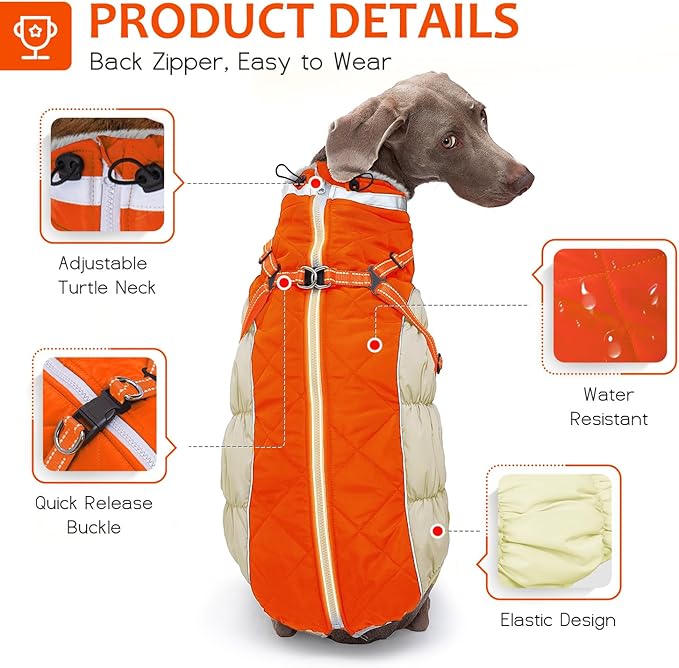 Abuandi Dog Winter Coat with Harness, Dog Jacket, Pet Clothes with Zipper on Back, Waterproof Windproof Warm Vest, Reflective Cold Weather Coats, for Small Medium Large Dogs, Thick, Orange, M