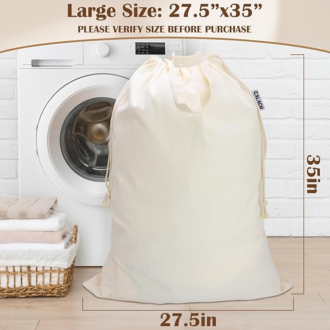 Canvas Laundry Bag with Handles & Drawstring Closure 27.5”x35", Thick Cotton Laundry Bag Large Heavy Duty Washable Dirty Clothes Travel Sack for Camp, College Dorm, Laundromat (Beige L, 2 Pack)