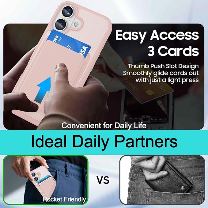 Ntwinro Magnetic for iPhone 17 Case (Compatible with MagSafe) with Detachable Wallet & Card Holder for 3 Cards [RFID Blocking] Military Grade Protective Slim Phone Cover, Pink