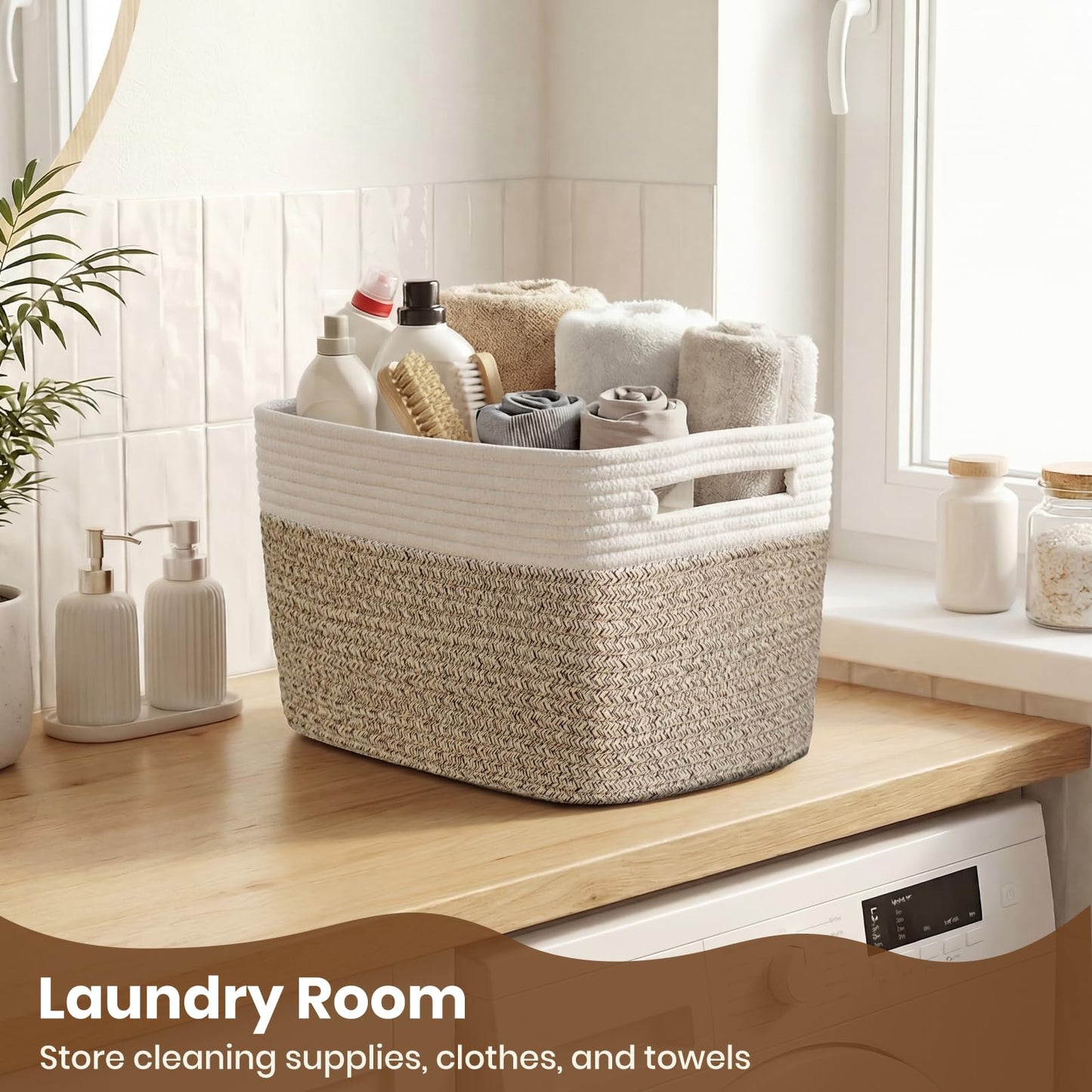 Storage Baskets for Organizing, 14 x 10 x 9” Closet Shelf Woven Baskets, Square Bins with Handles, Cotton Rope Basket for Clothes, Office, Room, White+Rice Brown 1 Pack