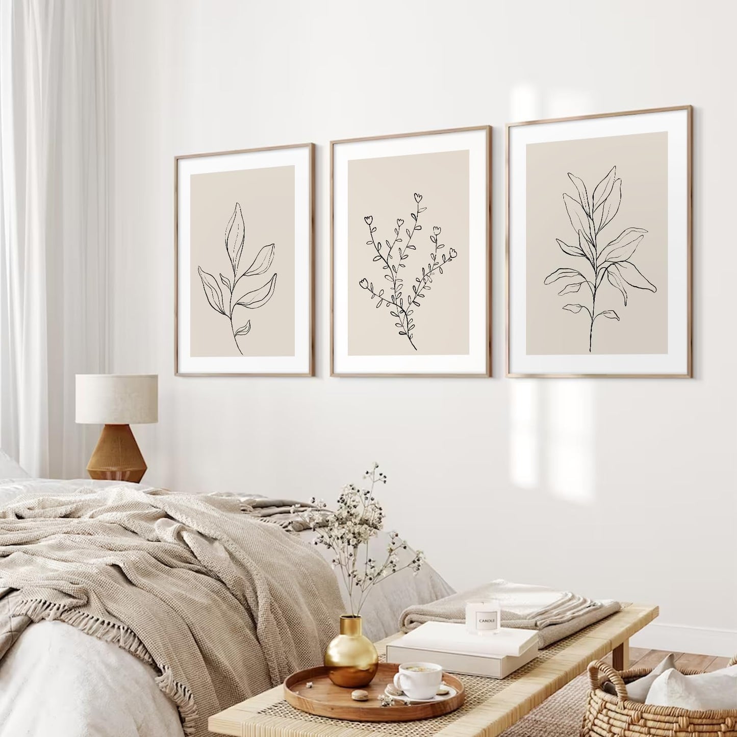 Joocrise Botanical Wall Art Decor Set of 3 Neutral Wall Decor Boho Beige Canvas Wall Art Botanical Minimalist Pictures Botanical Neutral Prints Beige Boho Artwork for Room Bedroom 16x24 Inch Unframed