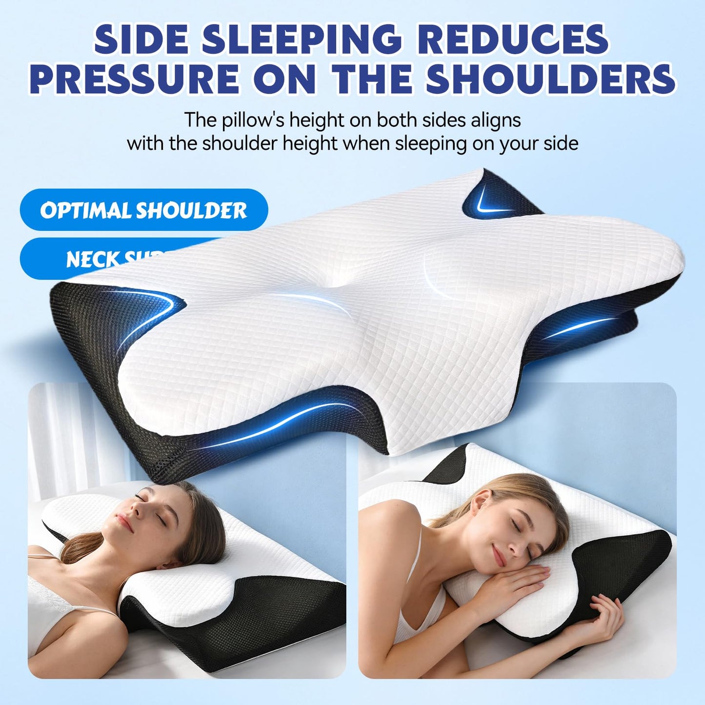 Keaolotay 2 in1 Memory Foam Cervical Pillow, Ergonomic Orthopedic Contoured Support Pillow for Neck Pain Relief, Bed Pillow for Side Back Stomach Sleepers Comes with 2 Pillowcases & 1 Eye Mask(Black)
