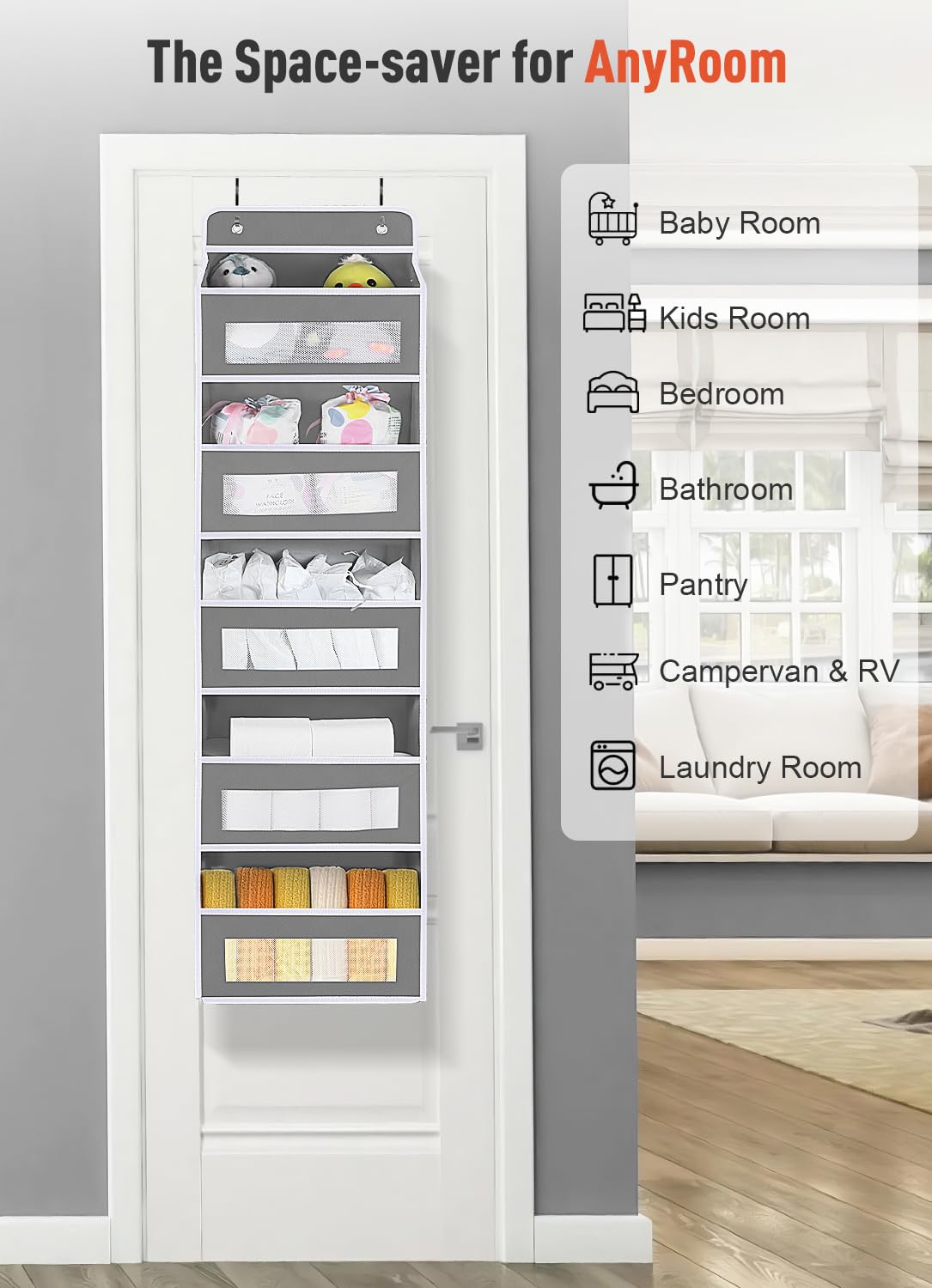 Over The Door Organizer Storage with 10 Pockets, 5 Shelf Hanging Door Storage Organizer for Nursery, Pantry, Bathroom & Bedroom, Reinforced Shelves,Holds up to 48lbs