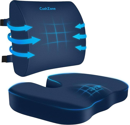 CushZone Seat Cushion, Lumbar Support Pillow with Adjustable Strap-Chair Cushions for Sciatica Pain Relief-with Washable Cover Memory Foam for Car, Travel and Wheelchair-Blue