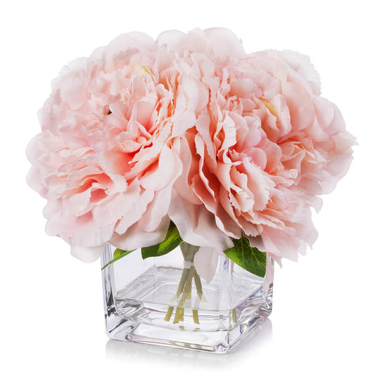 Enova Home Artificial Peony Flowers Arrangements in Cube Glass Vase with Faux Water for Home Table Wedding Centerpiece Decor (Pink)