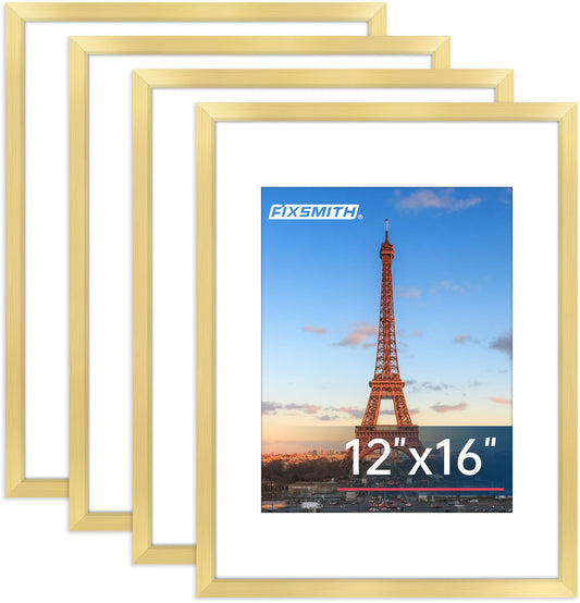 FIXSMITH 12x16 Picture Frame Gold Set of 4, Photo Frame with HD Plexiglass, Display Pictures 8.5x11 with Mat or 11x17 Without Mat, Gold Picture Frames Collage Wall Decor, Gallary Wall Frame