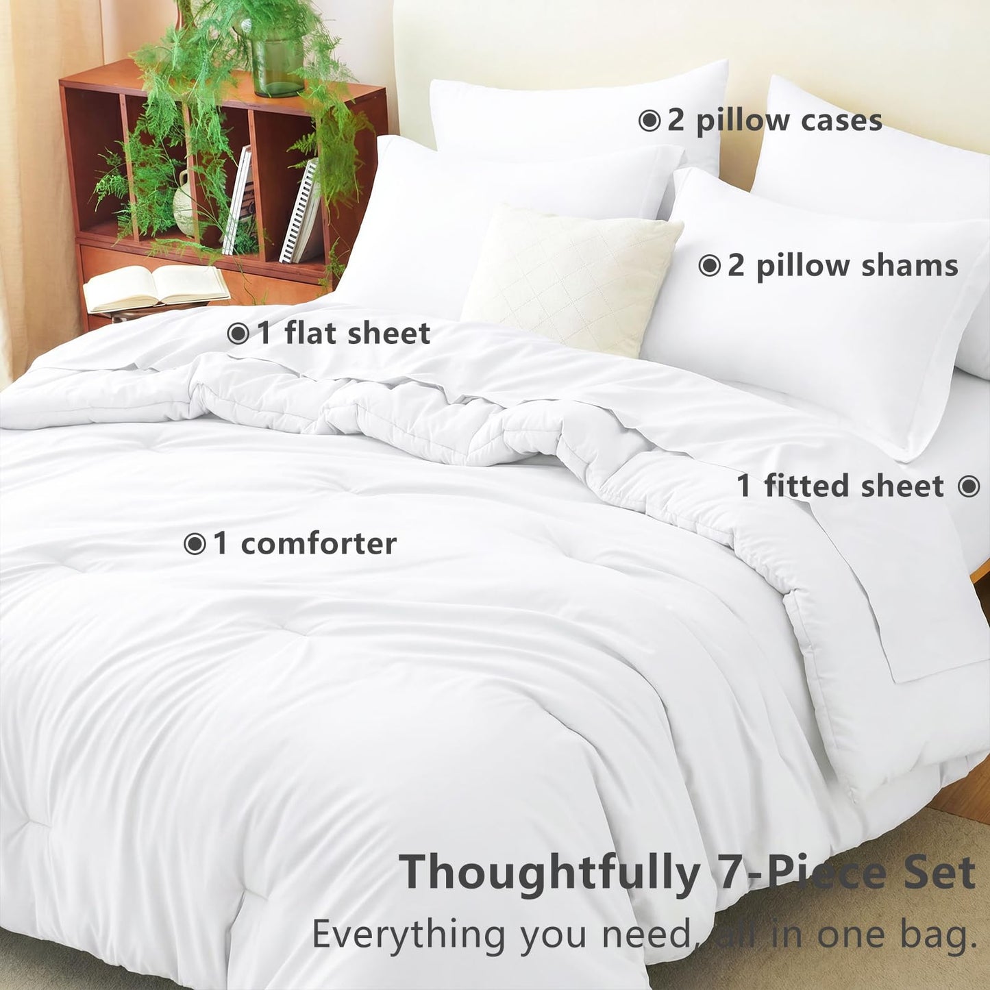 CozyLux Queen Comforter Set White, 7 Pieces Bed in a Bag Queen Comforter Set with Sheets, Soft Bedding Sets with Down Alternative Comforter, Sheets, Pillowcases & Shams, Bed Set Gift for All Seasons