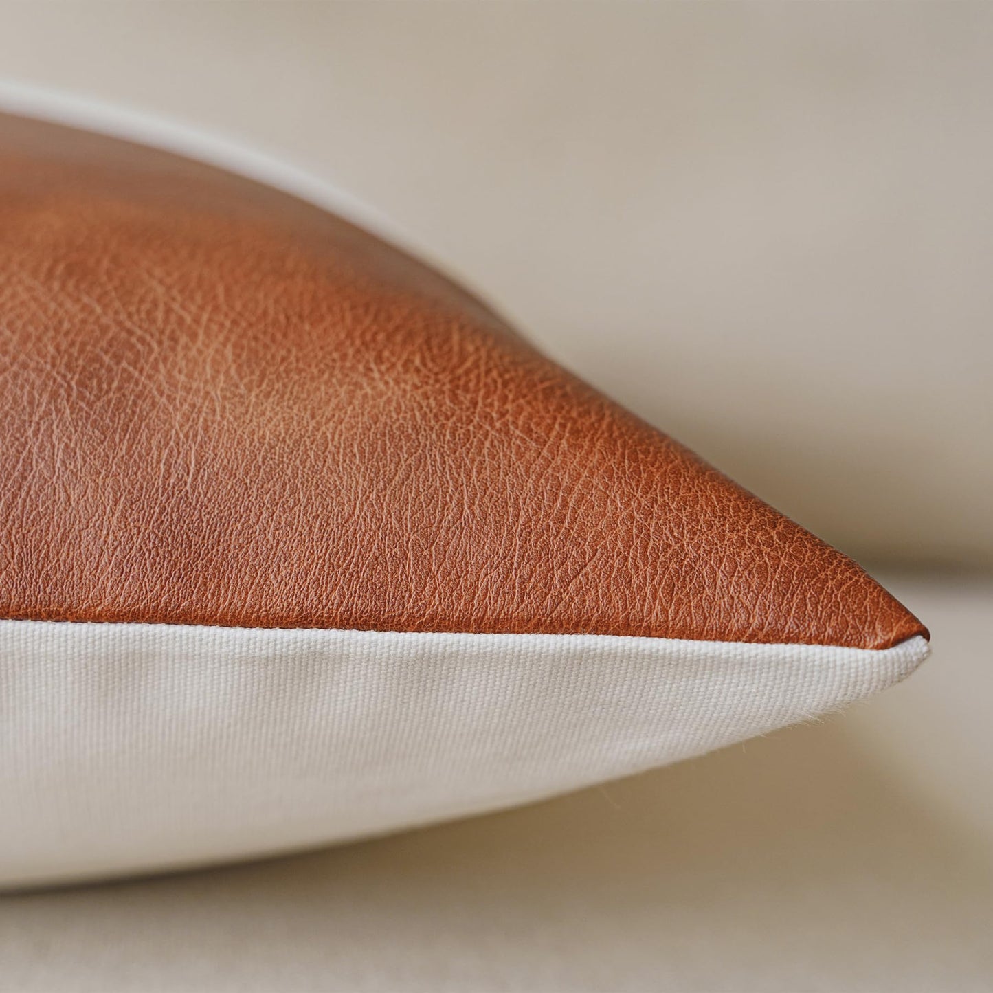 GEGELICA Faux Leather Patchwork White Linen Throw Pillow Covers Modern Minimalist Farmhouse Solid Boho Decorative Pillow Covers for Couch Living Room Bedroom Set of 2 18X18 Inch Brown and Cognac