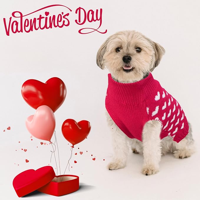 GOYOSWA Valentines Dog Sweater, Dog Valentines Clothes Outfit Knitted Sweaters for Small Medium Large Dogs Pets (Rose Red Heart, Small)