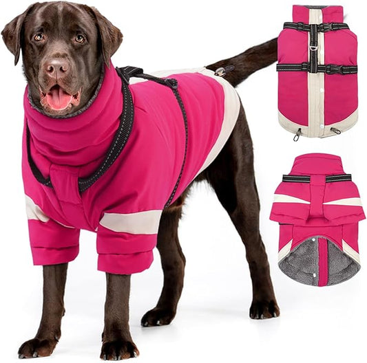 MIGOHI Thermal Large Dog Coat with Harness Waterproof Jacket for Large Dogs,Thick Dog Winter Coat,Snow Jacket for Dogs Windproof for Hunting Camping Chilly Days,Doberman,Great Dane,XXXL,Rosered