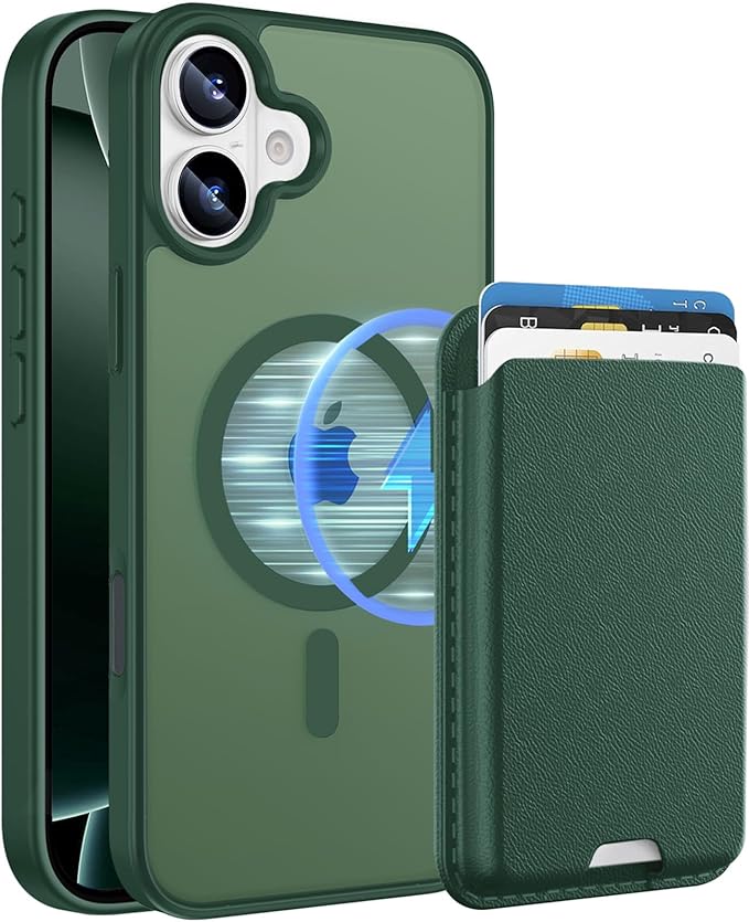 Ntwinro Magnetic for iPhone 16 Plus Case (Compatible with MagSafe) with Detachable Wallet & Card Holder for 3 Cards [RFID Blocking] Military Grade Protective Slim Phone Cover, Green