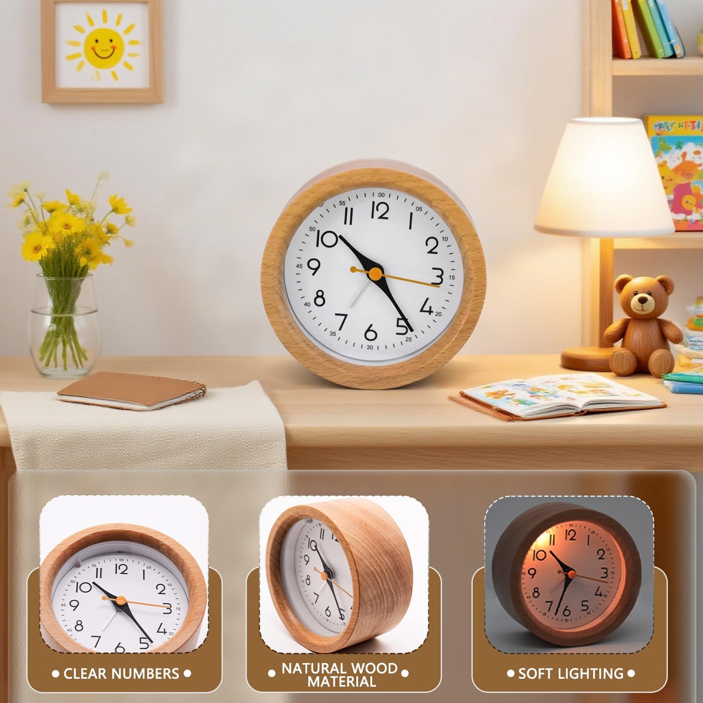 Oxmidud 4'' Natural Wooden Analog Alarm Clock with Soft Night Light - Battery Operated Non-Ticking Silent Tabletop Minimalist Desk & Bedside Clock for Bedrooms Living Room Home Office Decor