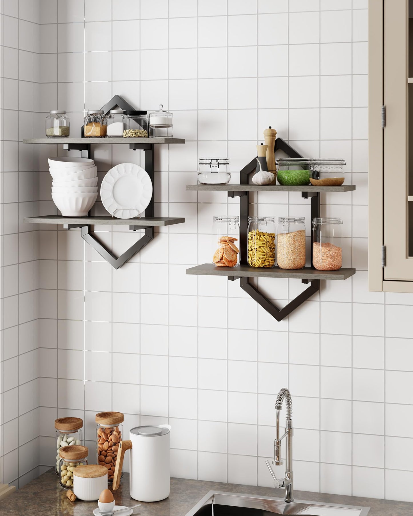 Forjarn Floating Shelves, Set of 2 Wall Shelf, Wall Mounted Decorative Shelves, 2-Tier Modern Geometric Hanging Storage Shelf for Living Room, Bedroom, Kitchen, Office, Study (Greige + Black)