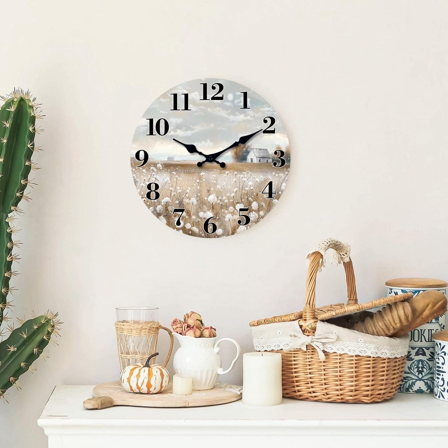 XFM Farmhouse Wall Clock Battery Operated 10 Inch Silent Non-Ticking Wooden Wall Clocks Country Flower Field Clock for Kitchen Living Room Bedroom Decor