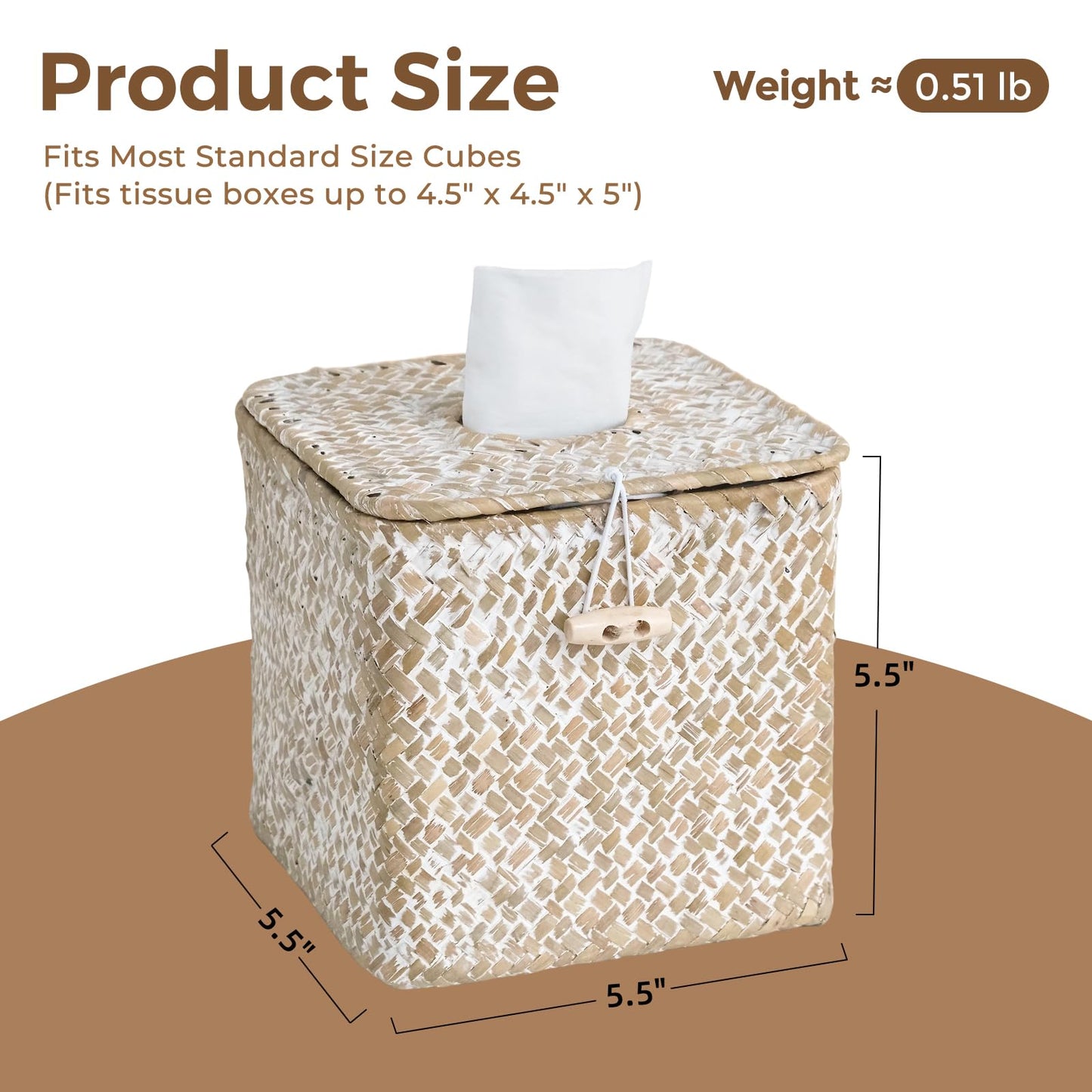 S310 Tissue Box Cover Square, Woven Seagrass Tissue Box Holder with Lid, Wicker Tissue Box Decorative Facial Cube Tissue Cover for Bathroom Office Table, Whitewash