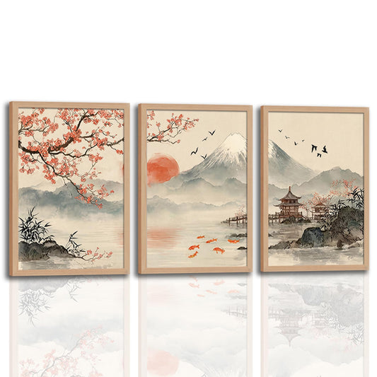 soonkiss Japanese Wall Art Set of 3 with Wooden Frame, Ready to Hang Sakura Cherry Blossom Mountain Sun Landscape Painting Prints for Living Room Bedroom Office 12x16 Inches