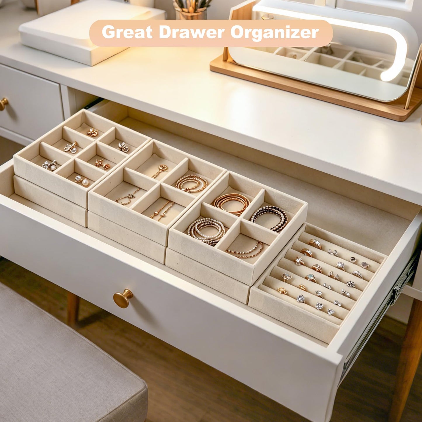 RingsTown 8-Piece Velvet jewelry drawer organizer inserts Removable Dividers, 4.8 * 3.7 * 0.9in Stackable Drawer Organizer, Vanity Dresser Storage