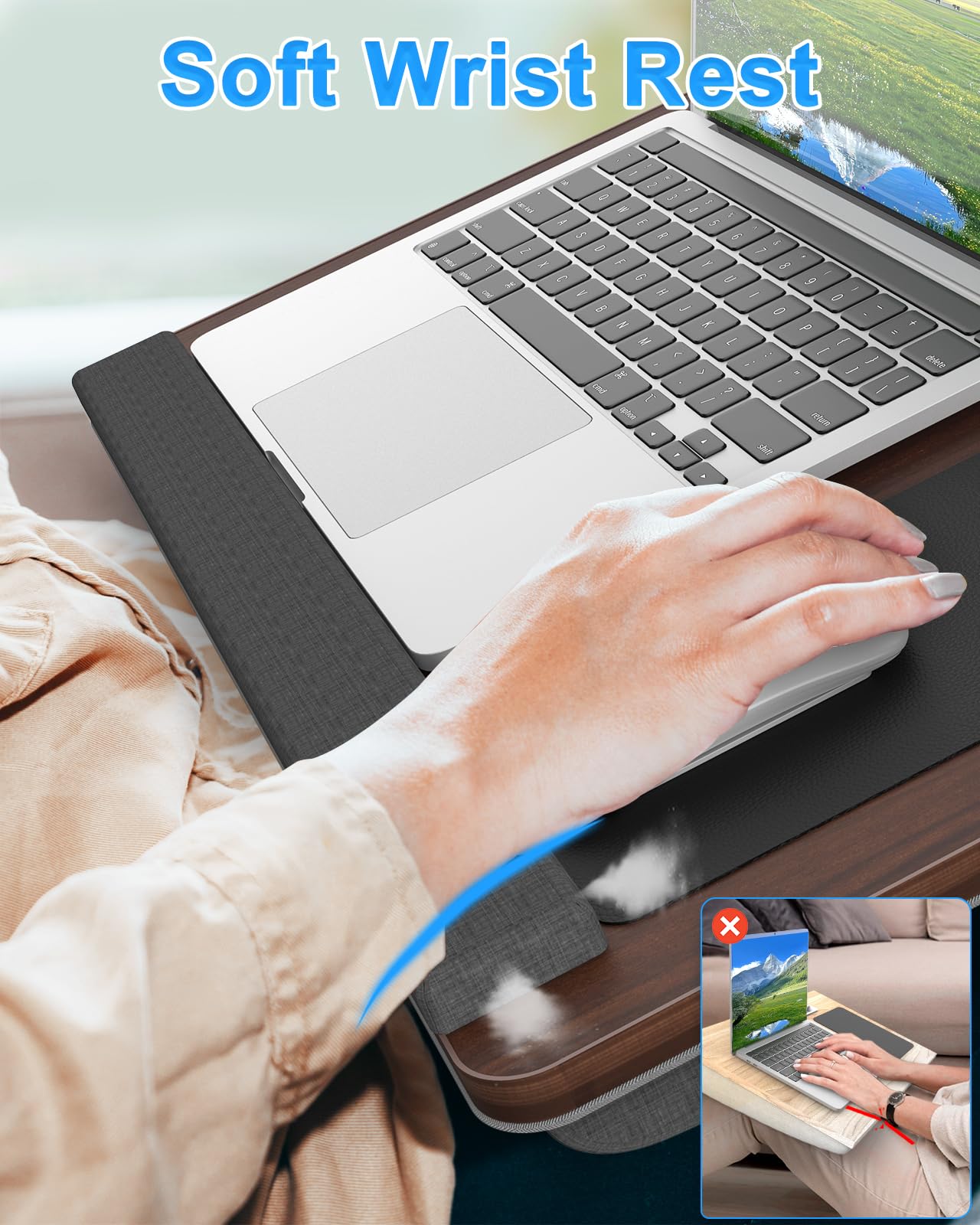 HETTHI Laptop Lap Desk, Portable Large Laptop Desk for Bed, Up to 17 in Lap Table with Wrist Rest, Mouse Pad, Tablet Phone Slot, Portable Handle, Lap Tray with Cushion (Dark Brown)