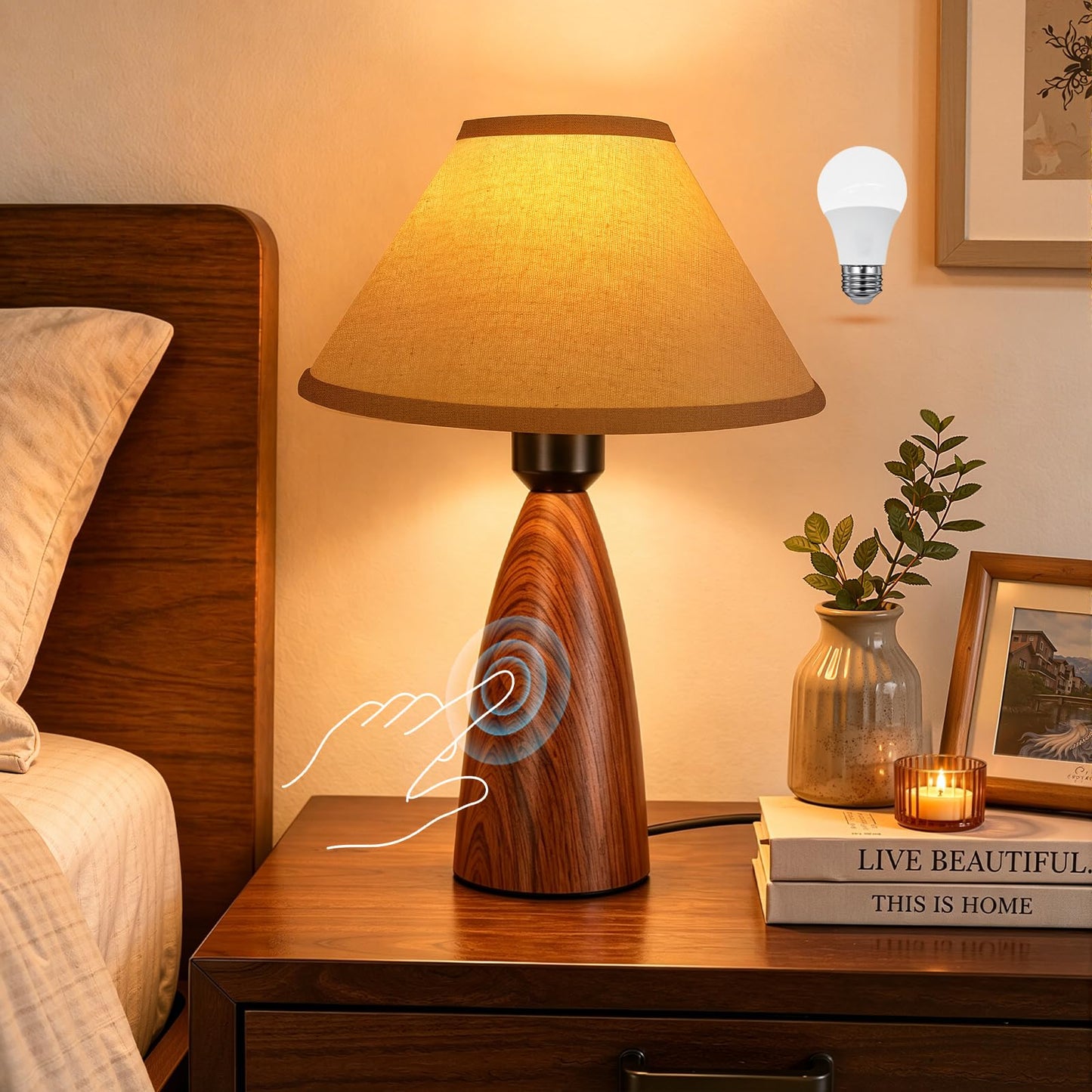 Nusogon Touch Table Lamp for Nightstand - 3-Way Dimmable Small Bedside Lamp, 3s Quick Shut-Off Smart Desk Lamp for Bedroom, Living Room, Reading, Nursery, LED Bulb Included