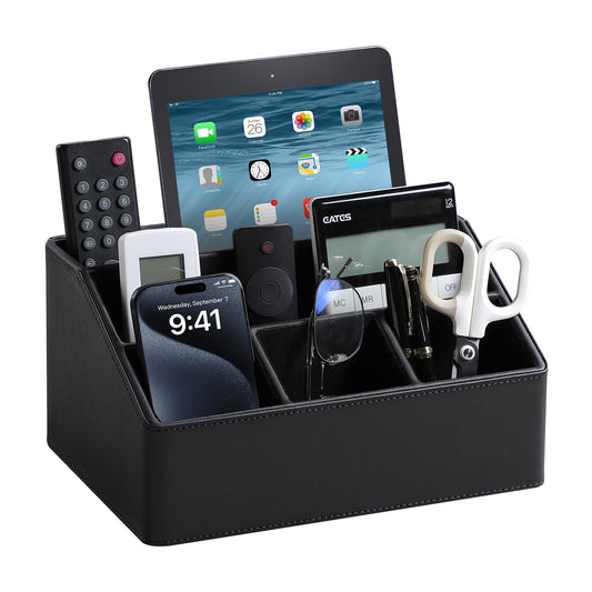 MEIBOOCH PU Leather Desk Organizer, Luxury Remote Control Holder for Home, Office Desk Accessories Table Caddy Bedside Nightstand Organizer (Black)