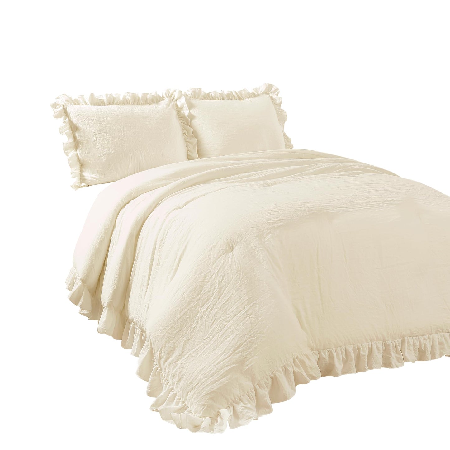 Lush Decor Reyna Ruffle Comforter Set - 3 Piece Cozy Ruffled Bedding Set - Timeless Elegance and Comfort for Dorm Room - Full/ Queen, Ivory