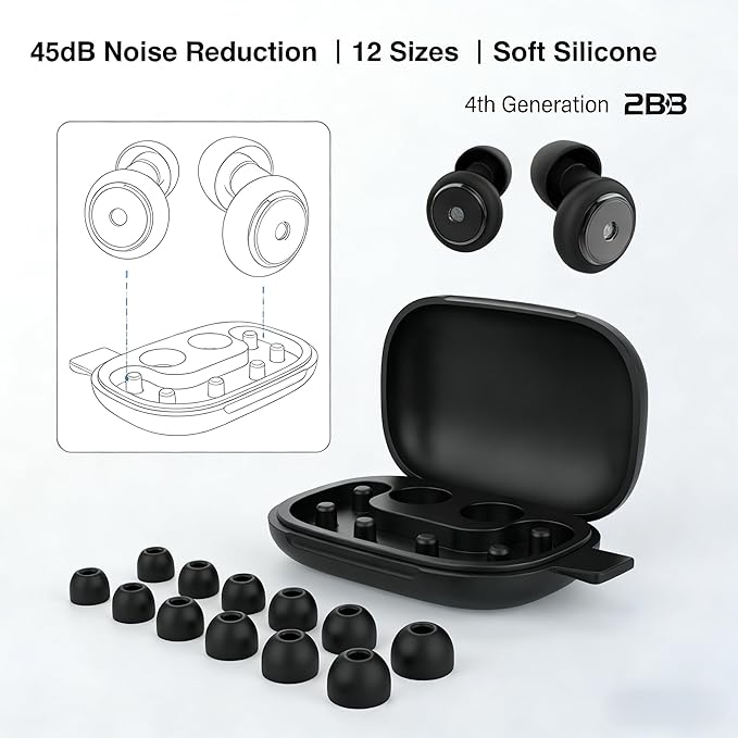 Ear Plugs for Sleeping, 45dB Noise Reduction Earplugs – Soft Reusable Silicone Ear Plugs for Snoring, Side Sleepers, Concerts, Shooting & Airplanes, with 6 Pairs Eartips & Carry Case, Black