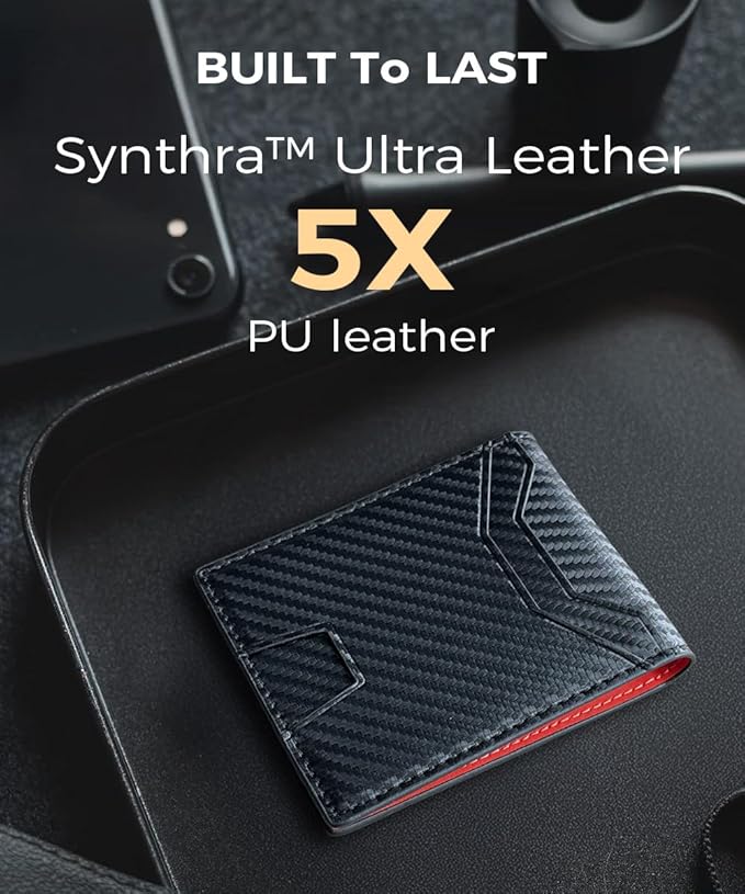 7worldlet Slim RFID Blocking Wallets for Men Synthra™ Ultra Leather Bifold Minimalist Wallet 11 Cord Holder Thin Mens Wallet with Gift Box (Dark Red)
