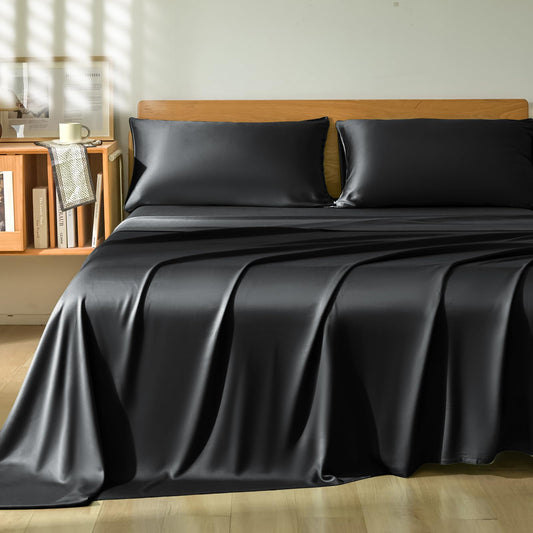 Homiest Queen Sheet Set 4pcs, 100% Rayon Derived from Bamboo Sheets, Cooling & Breathable Bedding for Hot Sleepers, Soft Luxury Sheets with 16" Deep Pocket, Hotel-Grade Silky Comfort (Black)