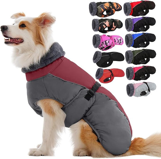 IECOii Dog Coat for Large Dogs, Reflective & Adjustable Turtleneck Jacket with Buckle, Thermal Fleece Lined Dog Snowsuit for Cold Weather - Soft Dogs Winter Coat Windproof Warm Vest, Burgundy, L