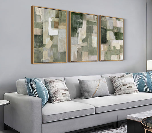 Shoci Large Framed Abstract Wabi Sabi Wall Art Neutral Light Green Color Block Canvas Pictures Natural Float Framed Simple White Gray Beige Decor for Living Room Bedroom Office 16X24 Inch Set of 3
