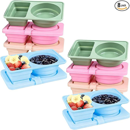 Dobyusf 8-Pack Collapsible Silicone Snack Containers - Round & Square Shape with Utensil Holder, BPA-Free Foldable Food/Sauce Storage for On-the-Go, Microwave & Dishwasher Safe