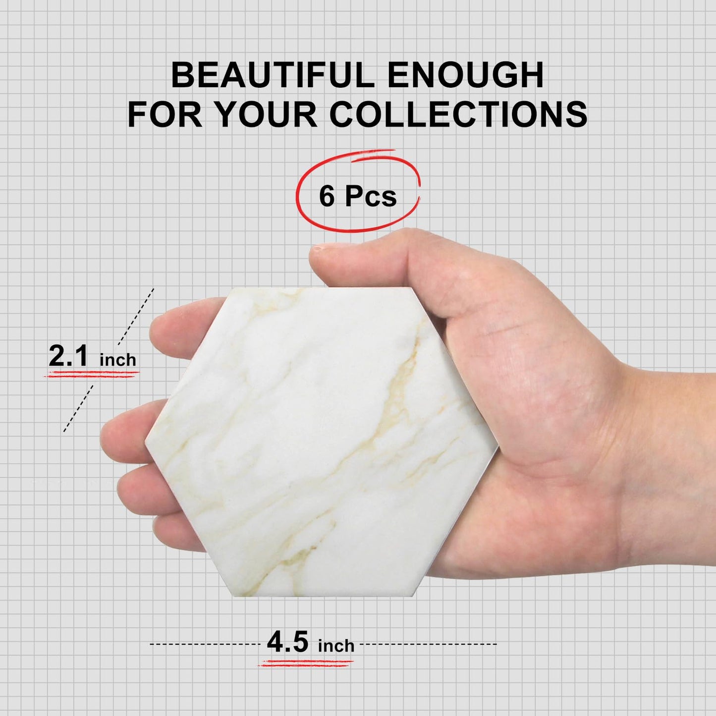 Dksyee 6Pcs White Marble Coaster Set with Holder Hexagon Ceramic Coasters Absorbent Coasters Drink Coasters Set for Coffee Table Bar Coasters Wine Coasters Modern Coasters Beer Coasters Cup Coasters