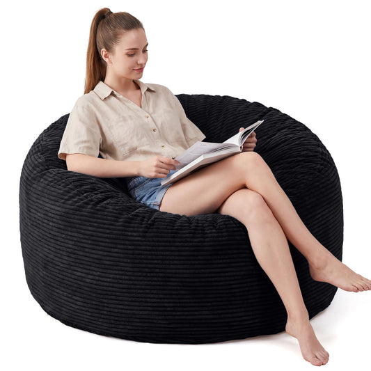 Yagamo Large Bean Bag Chairs for Adults, 4FT Memory Foam Bean Bag, Bean Bag Chairs with Removable Striped Plush Cover, Cozy Beanbags for Living Room Bedroom Dorm and Office- Black