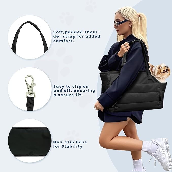 STRAODTIC Lightweight Dog Purse Carrier for Small Dogs Under 15 lbs, Puffy Quilted Pet Carrier Tote for Puppies with Safety Leash Clip, Women's Hands-Free Dog Carrier Bag for Travel/Shopping (Black)