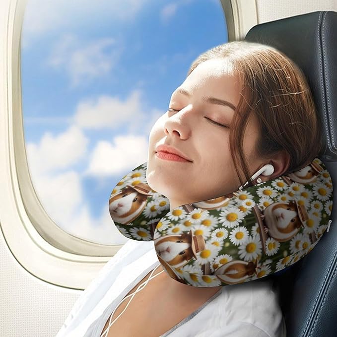 Cute Travel Neck Pillow Guinea Pigs Flowers Print Memory Foam U Shaped Cushion, Washable Cover for Boys Girls Airplane Car School Nap
