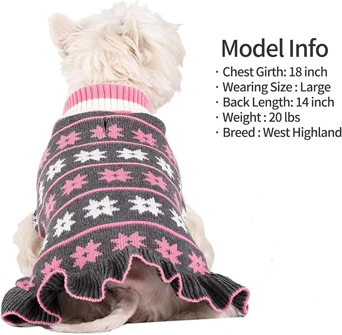 KYEESE Dog Sweater for Small Dogs Fall Winter Dogs Clothes Warm Pet Coats Pullover Knit Pullover for Girl Pet Sweater with Classic Snowflake Pattern Dog Sweater Dress with Leash Hole, Grey, X-Small