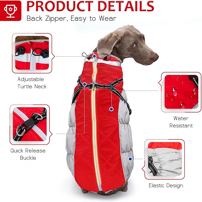 Abuandi Dog Winter Coat with Harness, Dog Jacket, Pet Clothes with Zipper on Back, Waterproof Windproof Warm Vest, Reflective Cold Weather Coats, for Small Medium Large Dogs, Thick, Red, L