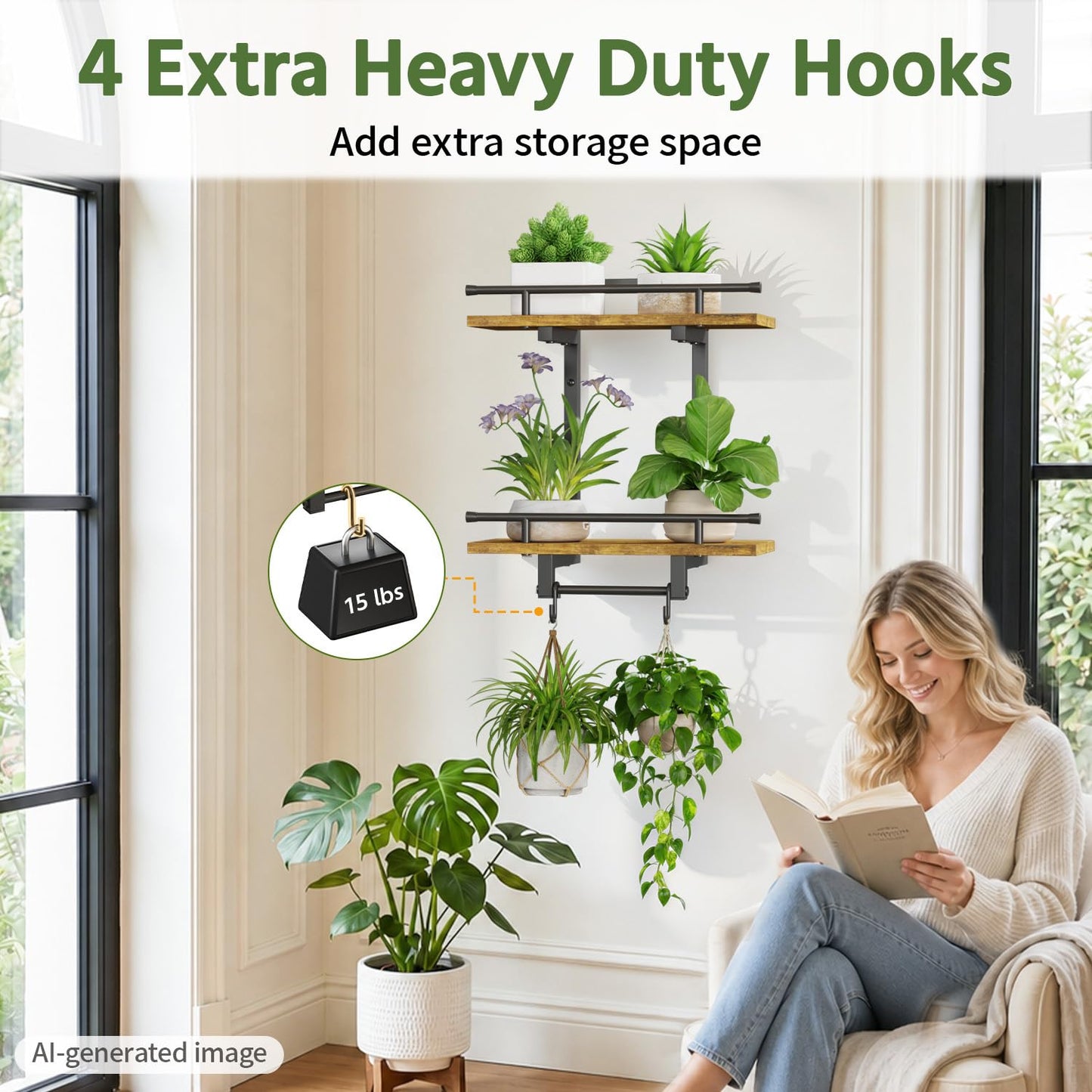 LASZOLA Floating Plant Shelves Holder Wall Mounted Indoor, 2 Pack Plant Hangers Stand with 4 Hooks, Metal and Wood Flower Hanging Display for Bedroom Living Room Kitchen Office Bathroom Decor, Brown
