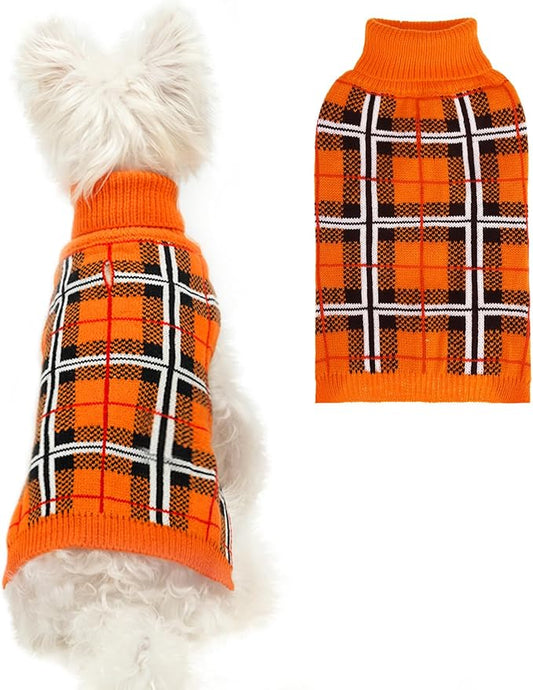 PUPTECK Dog Sweaters for Large Medium Small Dogs - Fall Classic Plaid Style Puppy Holiday Winter Coat Clothes Warm, Reddish Orange, SM