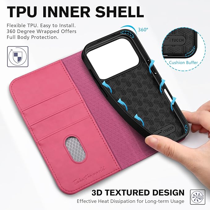 TUCCH Case Wallet for iPhone 17 Pro (6.3-Inch) 2025, [3 Card Slots] Kickstand [RFID Blocking] PU Leather Case, Flip Folio Cover with [TPU Shockproof Interior Shell], Hot Pink